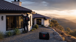 A Southern California hillside home with cleared gravel perimeter and a wildfire assessment technician inspecting the roofline and vents.