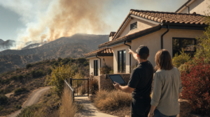A wildfire assessment technician with a tablet reviewing roof vents, brush exposure, and access routes with a Southern California homeowner.