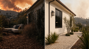A Southern California home showing risky mulch and leaves near siding on one side and clean gravel defensible space on the other.