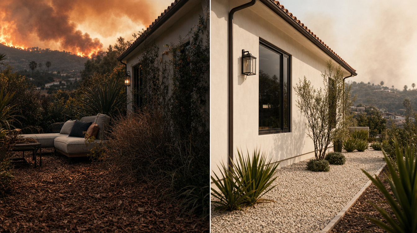 A Southern California home showing risky mulch and leaves near siding on one side and clean gravel defensible space on the other.
