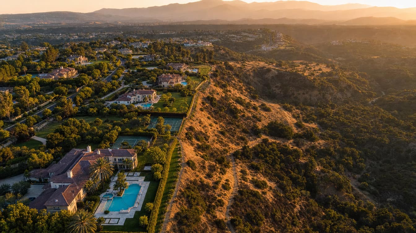 Aerial view of an affluent California hillside community bordered by open terrain