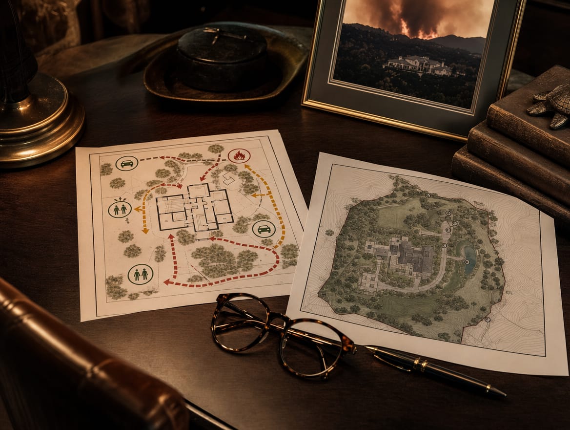 A printed household evacuation plan and estate site map laid out on a desk