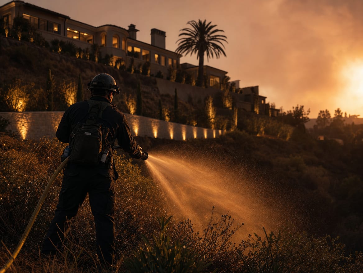 An Allied crew member applying long-term retardant across hillside brush below an estate