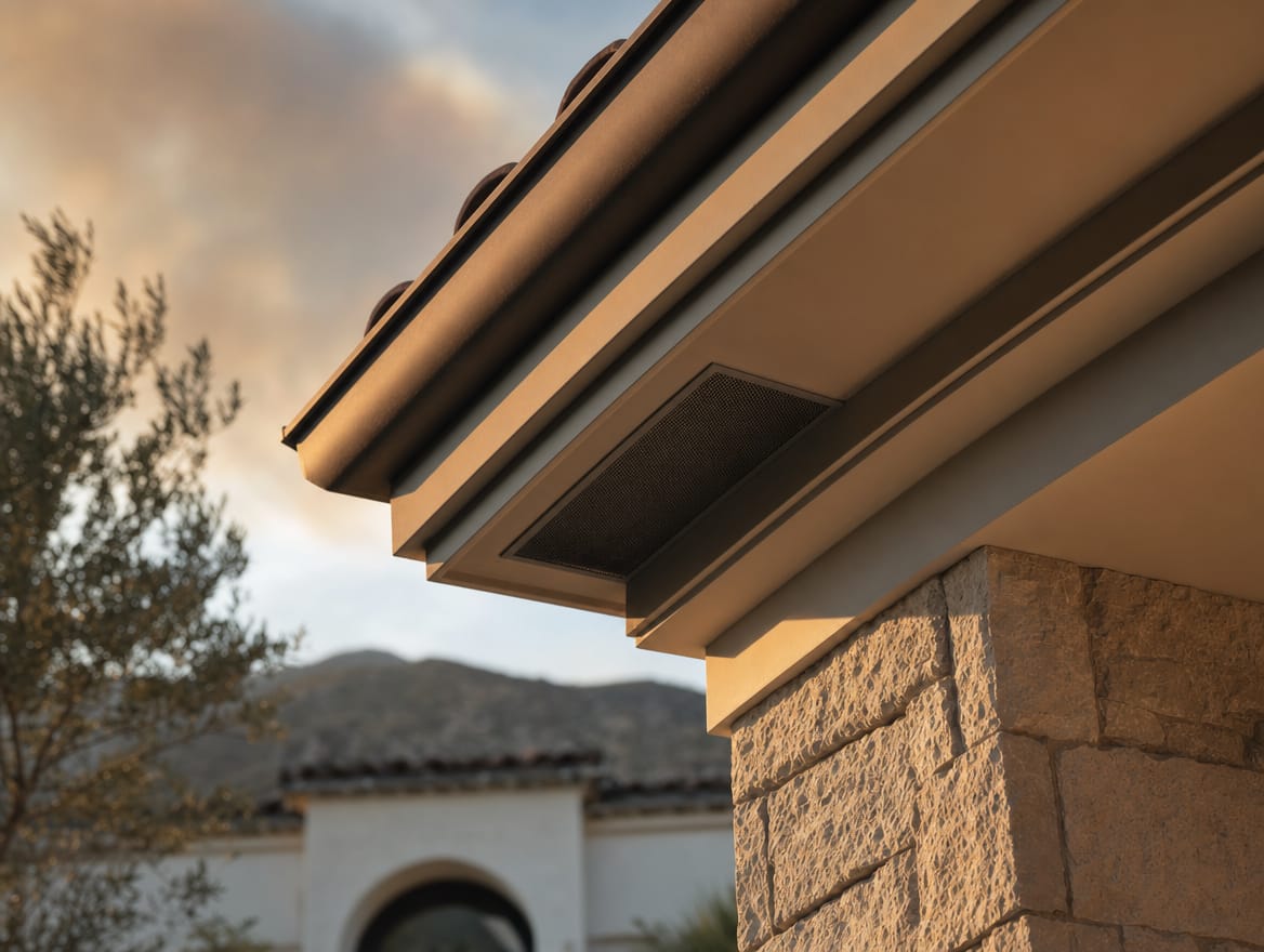 Close view of a luxury estate's tile roofline, eaves, and a mesh-screened vent, the ignition points a wildfire plan addresses first.