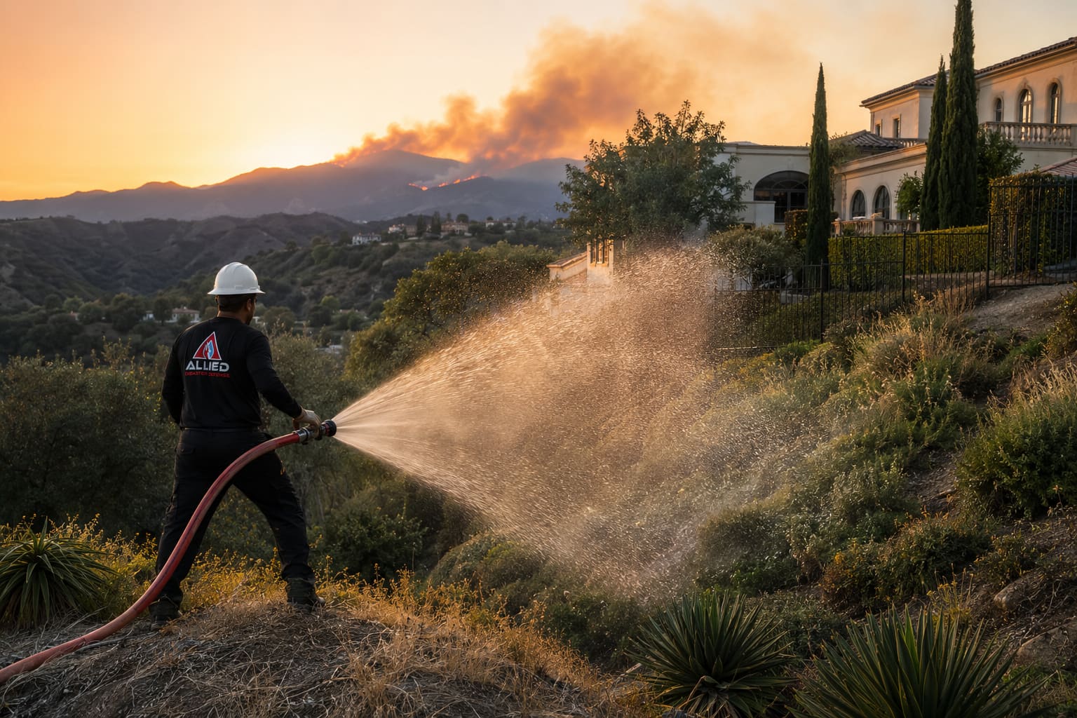 An Allied crew applying long-term fire retardant along a property perimeter