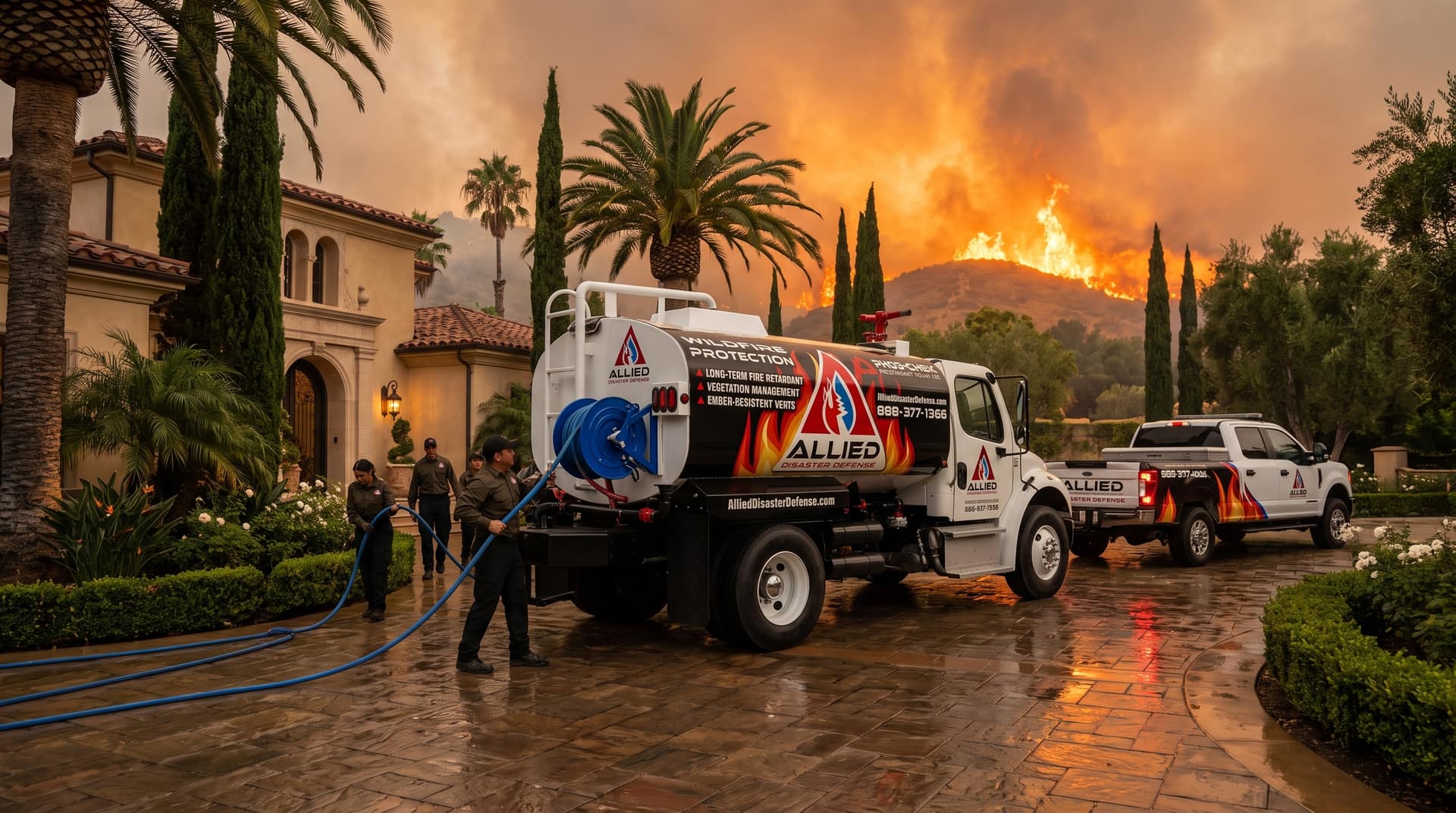 An Allied crew working a property perimeter as smoke rises in the distance