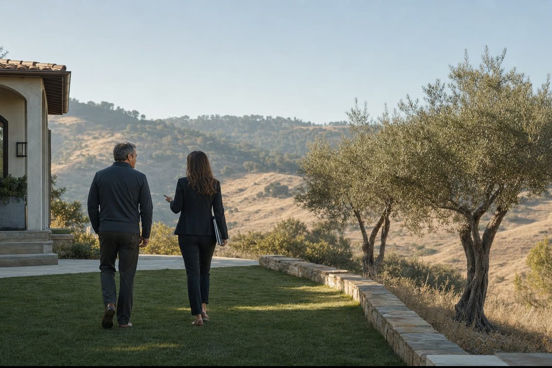 An advisor walking a hillside property with the owner, carrying assessment documentation
