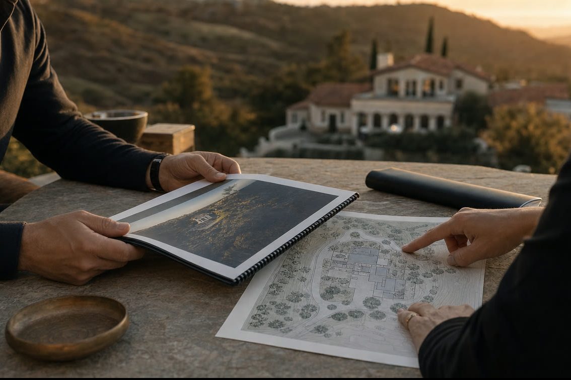 Two people at a table reviewing a bound property report and a site plan of the mitigation scope
