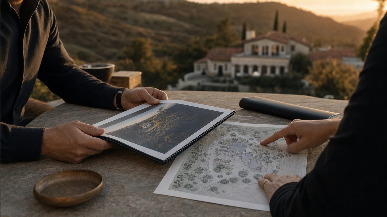 A bound property risk document and site plan open on a terrace table at an estate
