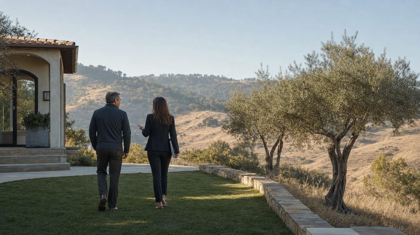 An Allied advisor and a property owner walking the grounds of a hillside estate in morning light
