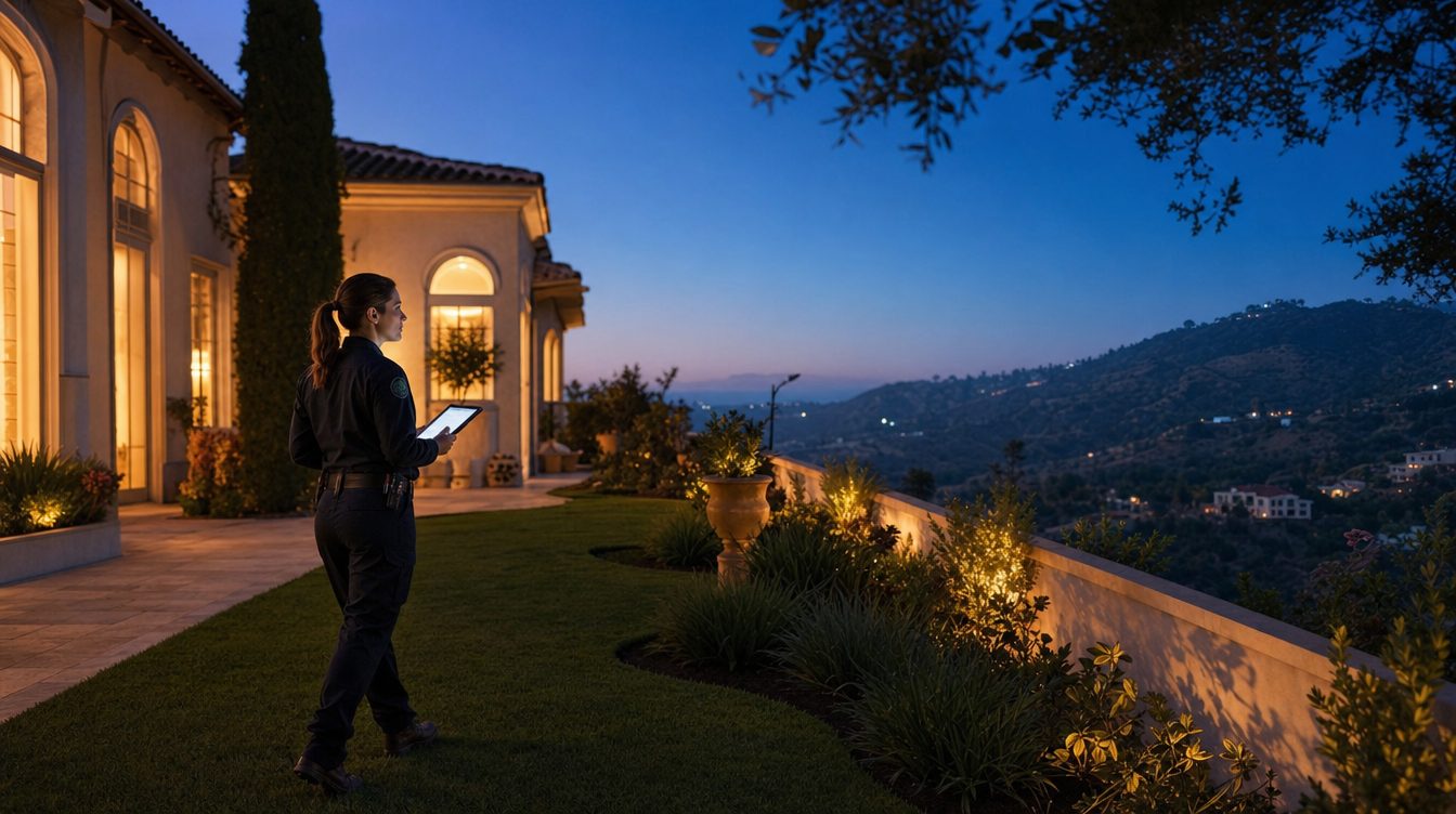 An Allied property risk advisor walking the grounds of an estate at dusk, reviewing the property