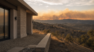 A hazy hillside neighborhood at dusk with defensible space cleared around a home and smoke on the distant ridgeline.