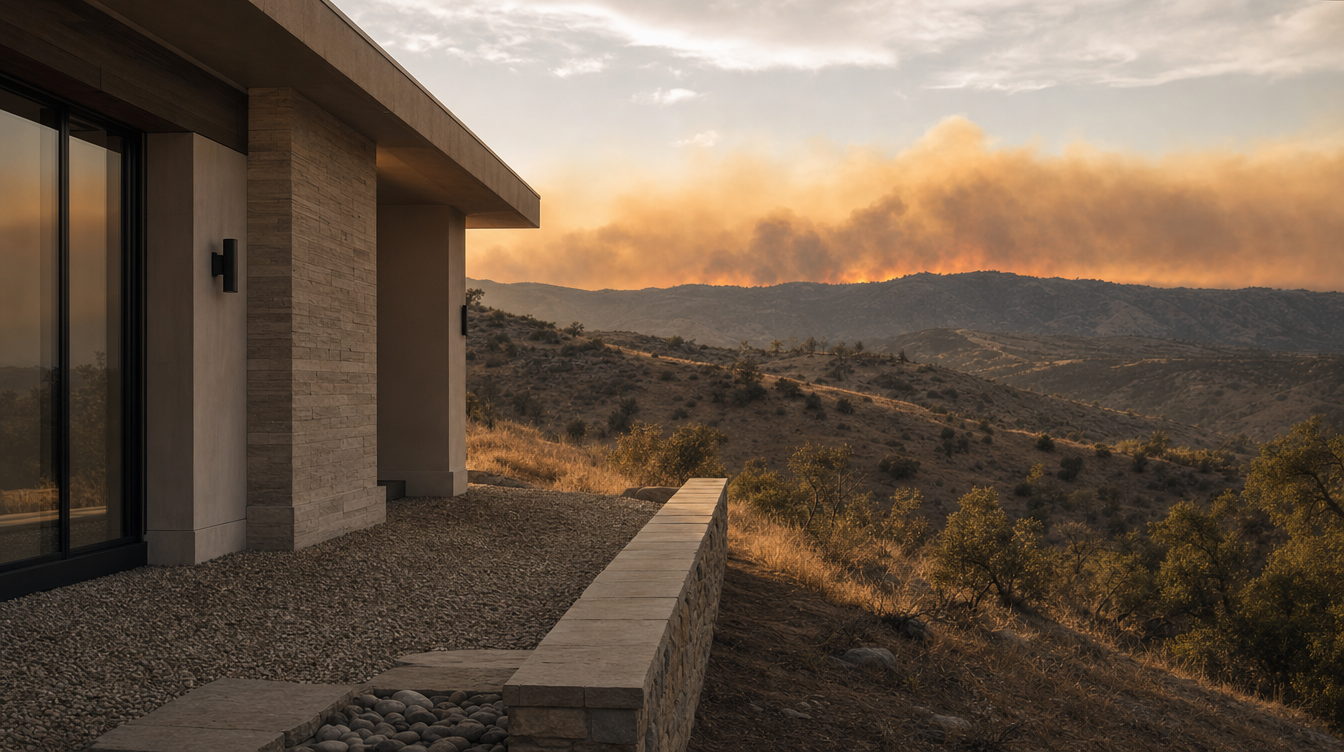A hazy hillside neighborhood at dusk with defensible space cleared around a home and smoke on the distant ridgeline.