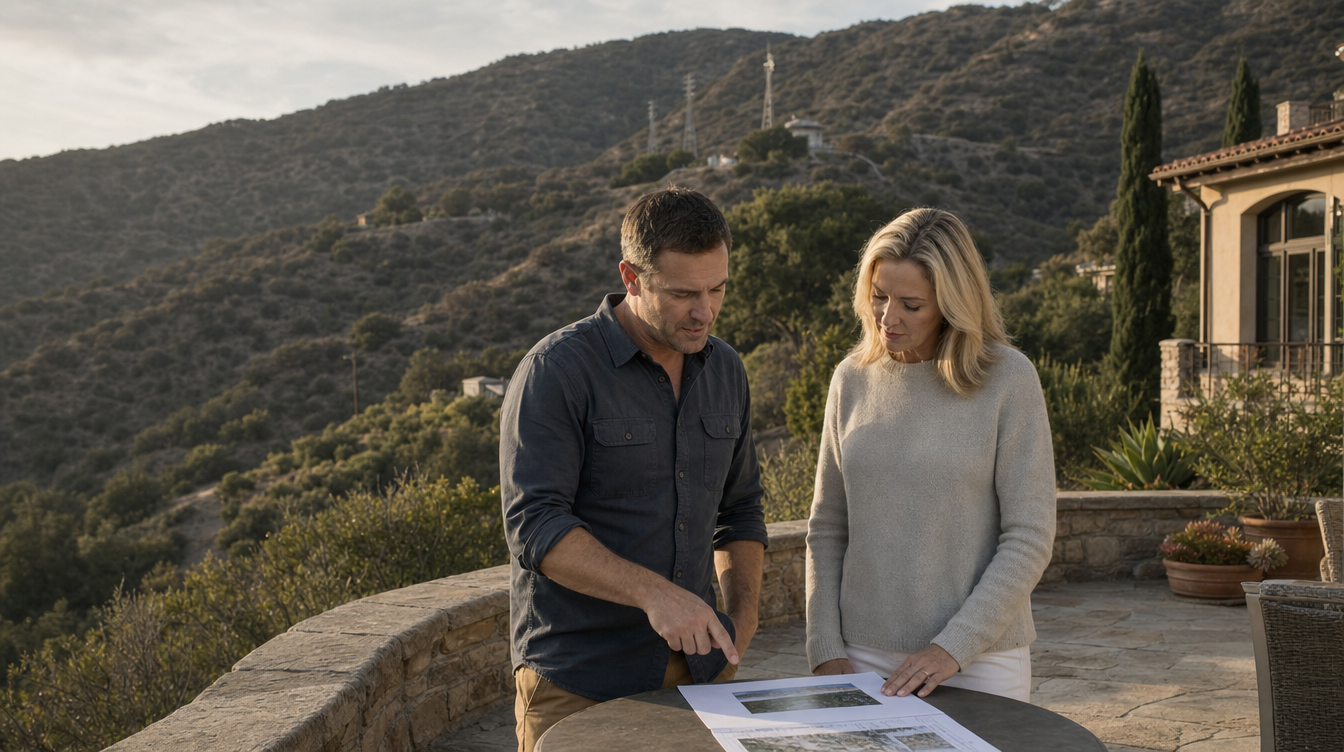 An advisor and a homeowner reviewing a property document together on an estate terrace