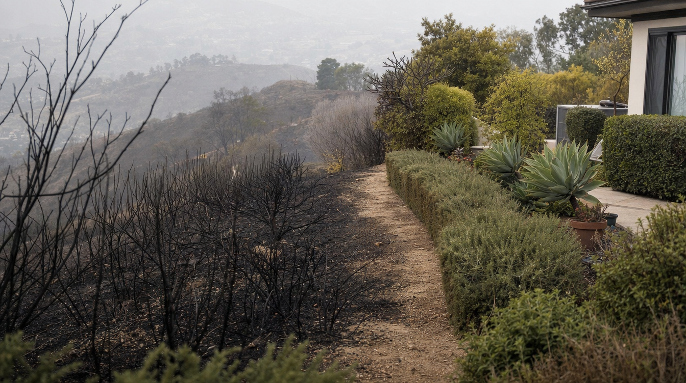 A hillside where burned chaparral meets a maintained, cleared band at a property edge
