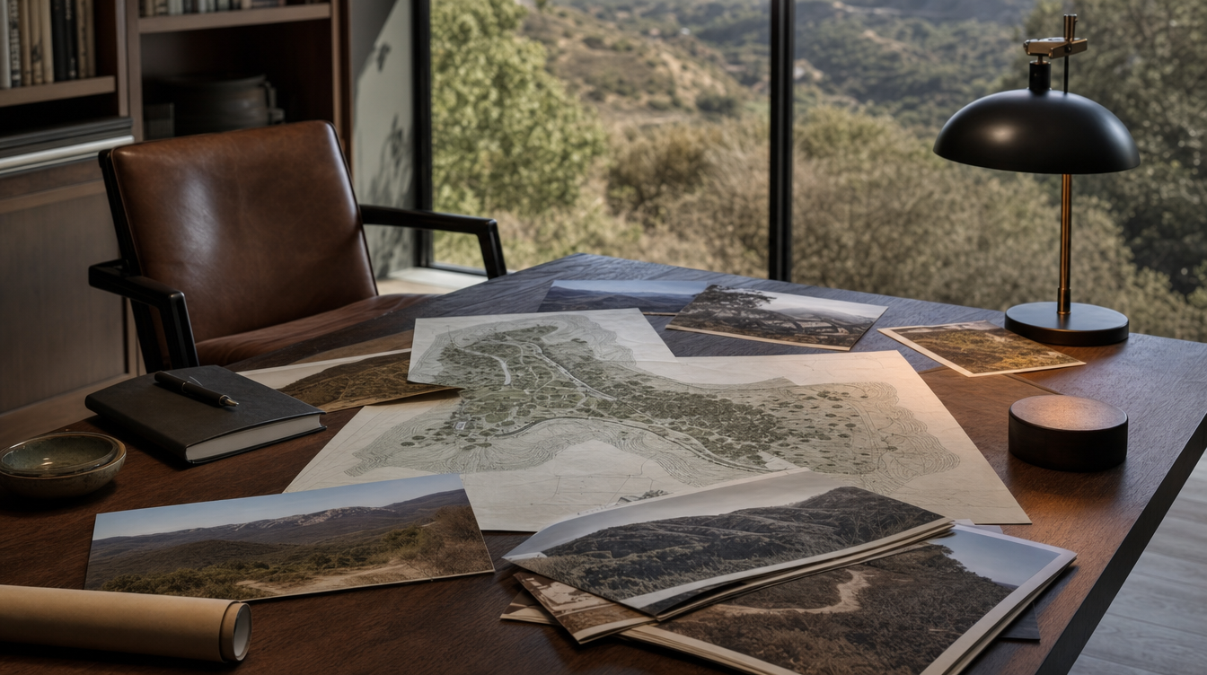 A site plan and property photographs laid out across a study table