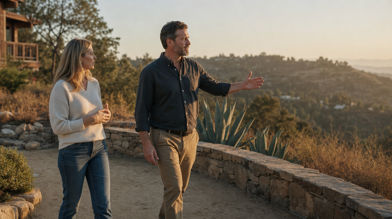 An advisor walking an estate property alongside the owner at golden hour