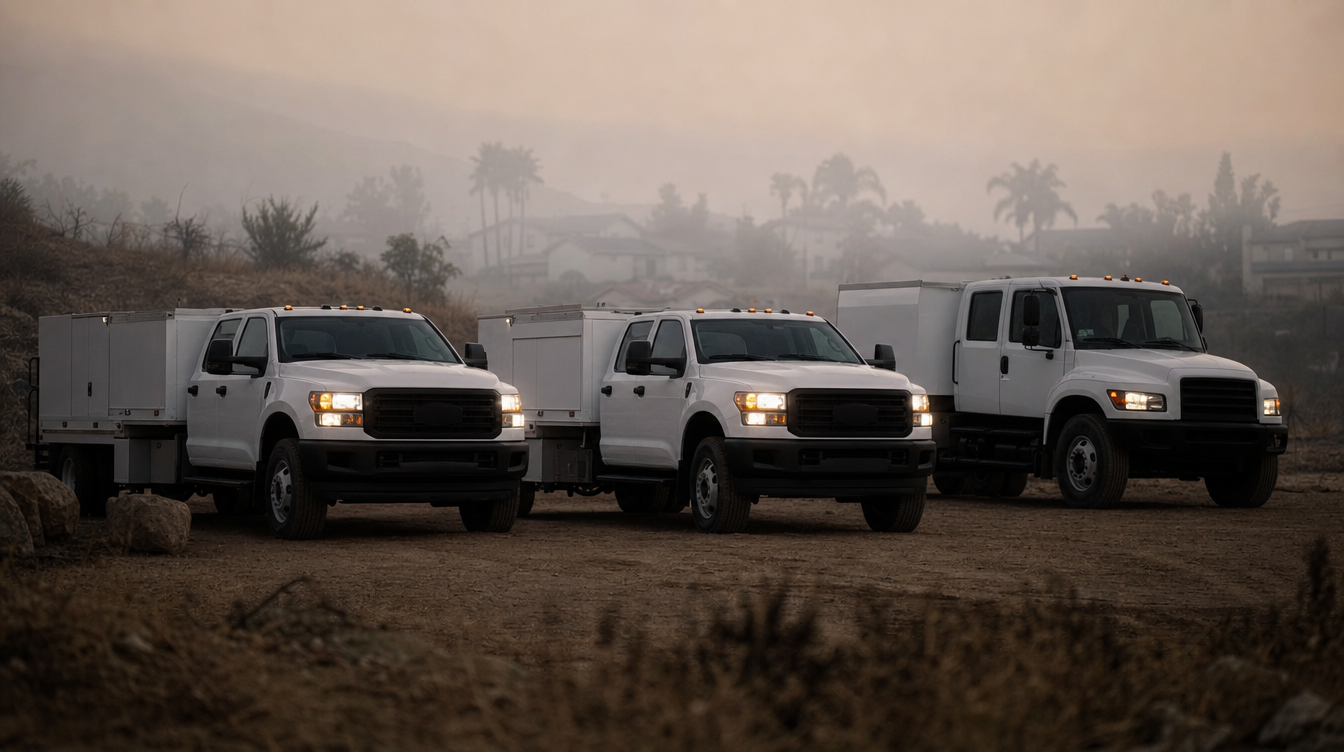 Three plain response trucks staged in a row at dawn
