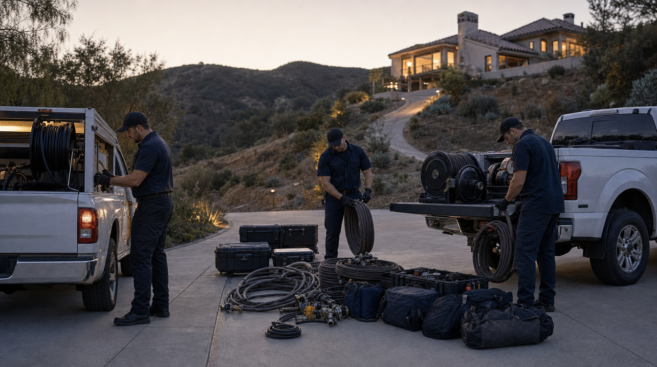 A response truck and crew staging equipment on an estate driveway at dusk