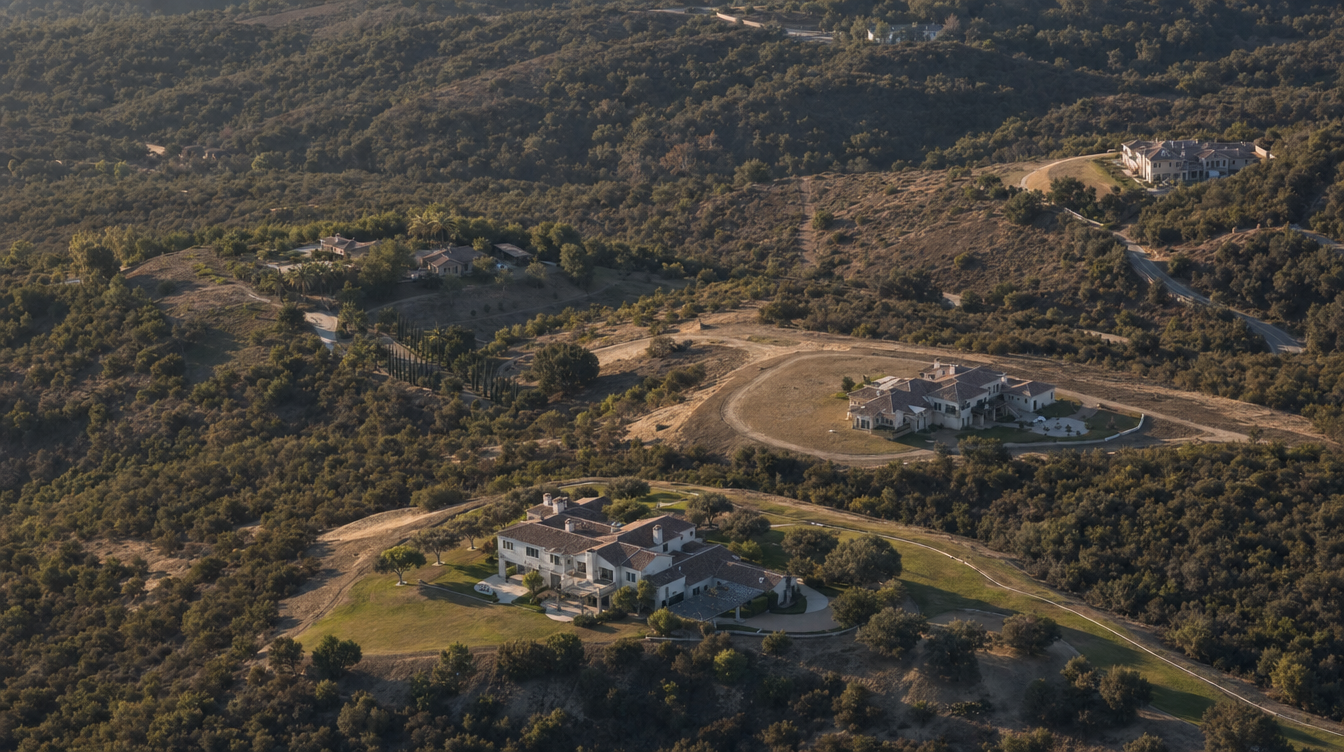 Aerial view of several hillside estates at varying distances from dense wildland