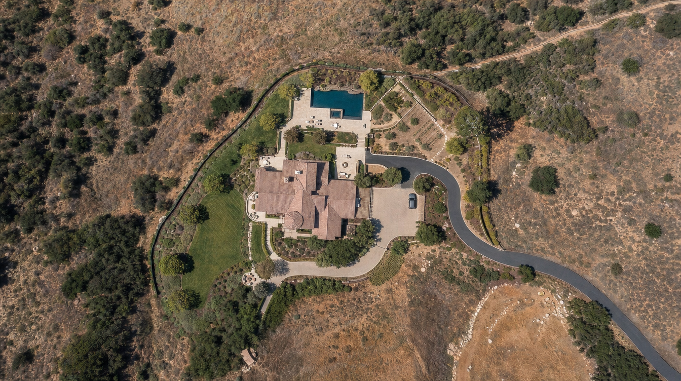 Aerial view of a single hillside estate parcel and its surrounding wildland
