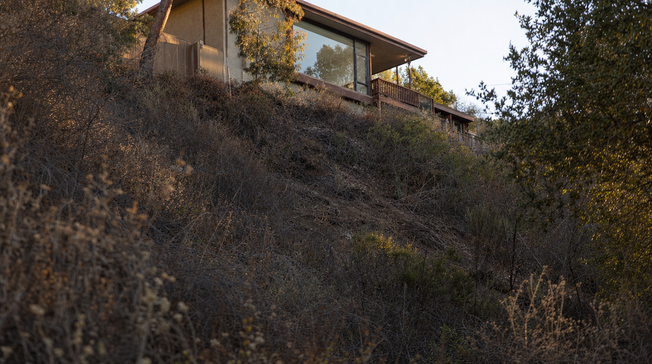 A steep brush-covered canyon slope rising toward the rear of a hillside home
