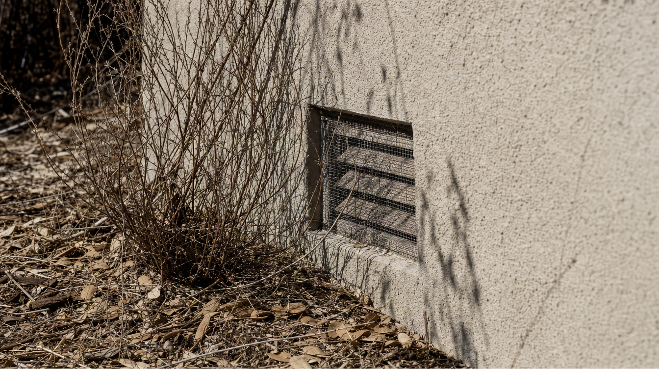 Dry shrubs and leaf litter accumulated tight against a stucco wall and vent