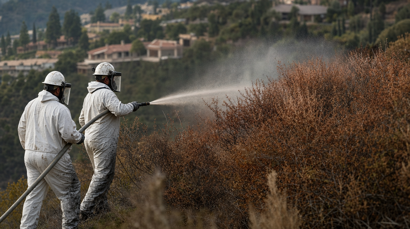 A two-person crew applying long-term fire retardant across dense hillside brush