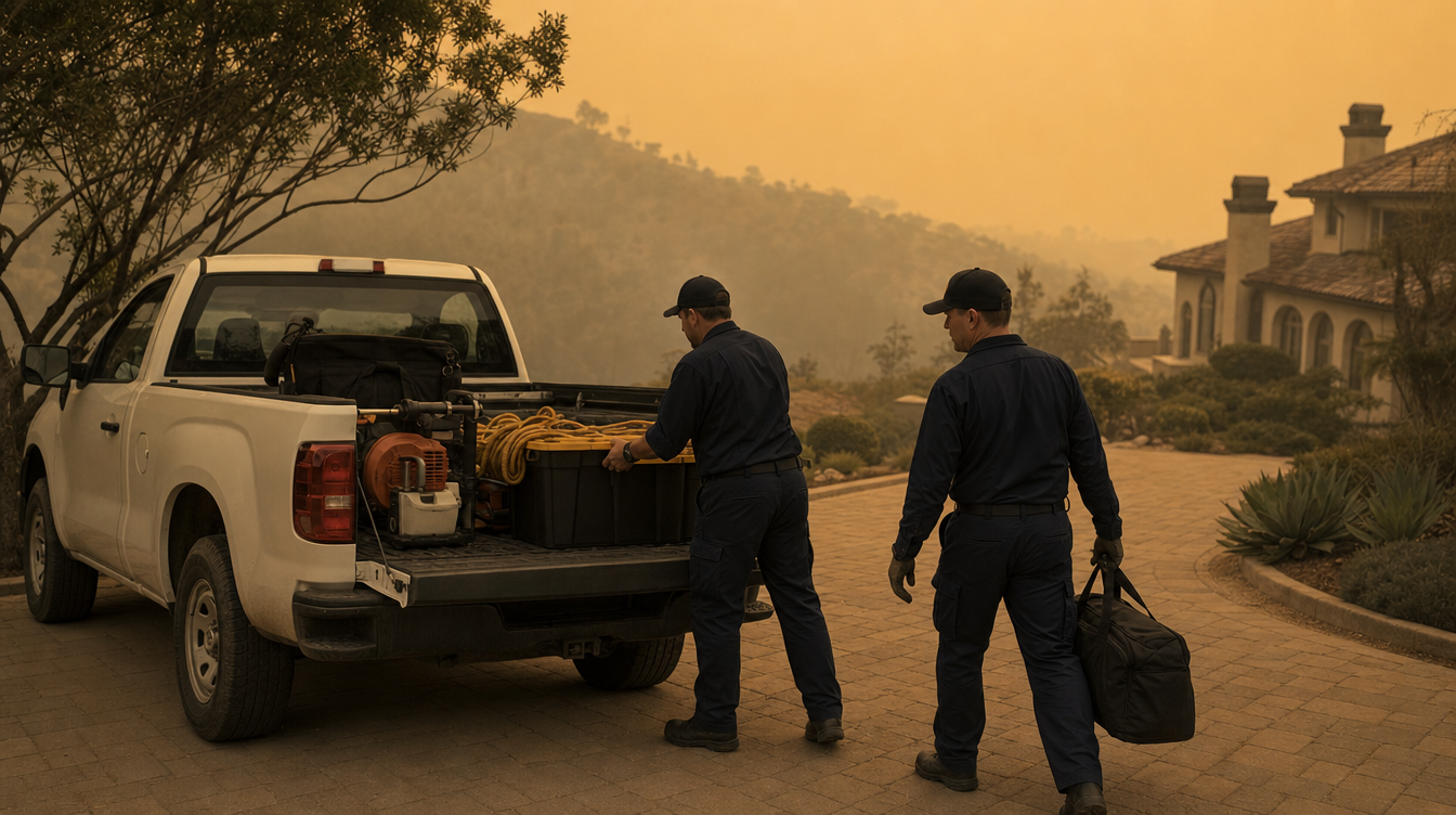 A crew working a hillside line under heavy amber smoke haze