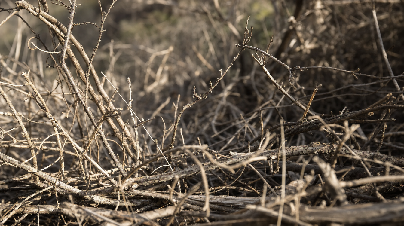 Close detail of dry, brittle chaparral fuel backlit by afternoon sun